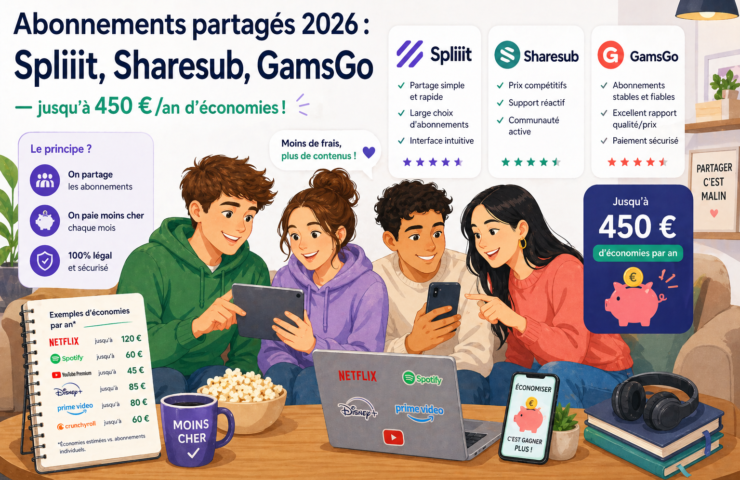 Abonnements partagés 2026 : Spliiit, Sharesub, GamsGo — jusqu&rsquo;à 450 €/an d&rsquo;économies